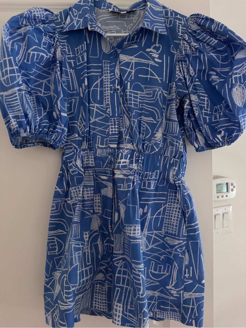 HUNTER BELL Blue & White Printed Puff-Sleeve Romper